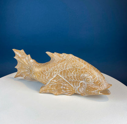 Large Whitewashed Wooden Koi Fish Figurines. Set of Two Fish Sculptures for Tropical Retreat, Second Vacation Home. Gift for Dad, Fisherman.