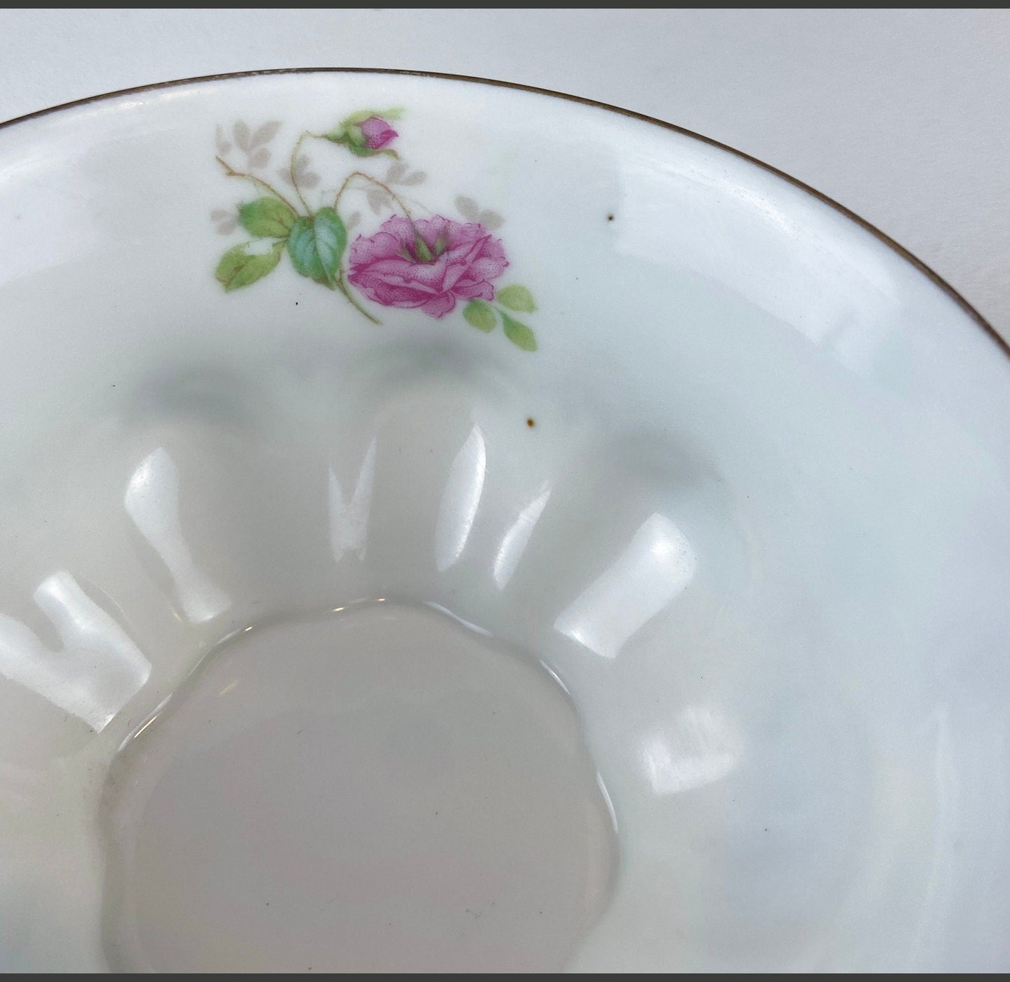 Very Light Weight Porcelain Cup and Saucer. M&K Austria. Delicate Rose Garlands and Scalloped Edges. Heart Shaped Handle. Gift for Her.