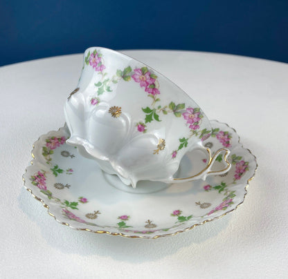 Very Light Weight Porcelain Cup and Saucer. M&K Austria. Delicate Rose Garlands and Scalloped Edges. Heart Shaped Handle. Gift for Her.