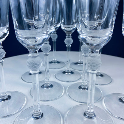 Crystal Champagne Glasses with Ball Stem. Enchantress by Mikasa. Frosted Ball Shaped like Berries & Leaves. Set of 11. Beautiful Ping.