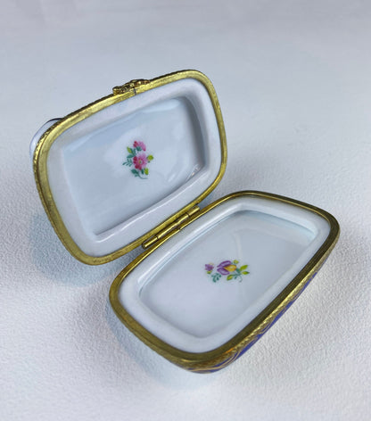 Tea Time Porcelain Limoges Box. Miniature Tea Setting, Tea/Coffee Pot & Cups with Floral Motif. Made in France. Highly Collectible.
