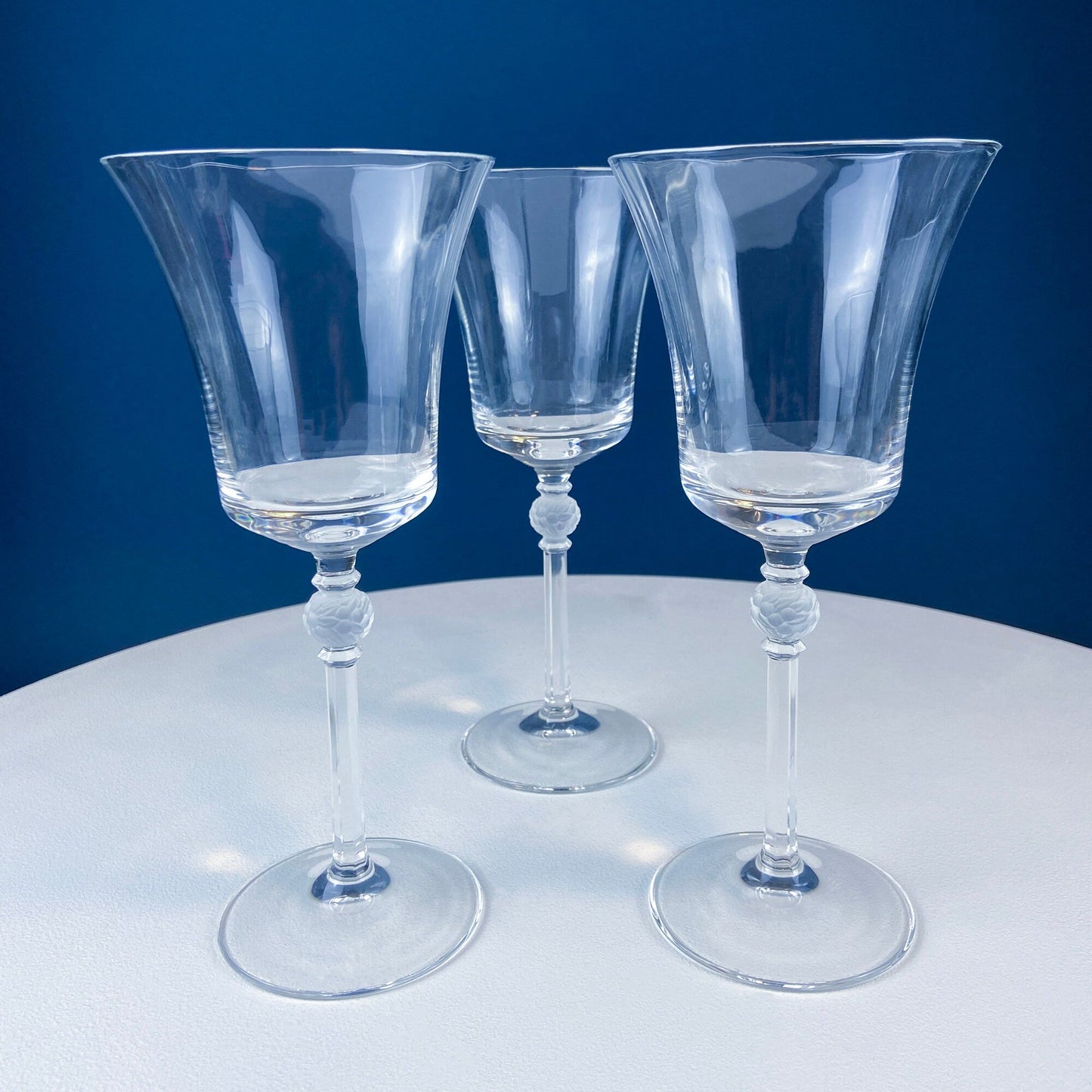 Crystal Wine Goblets with Ball Stem. Enchantress by Mikasa. Frosted Ball Shaped like Berries & Leaves. Set of 9. Stunning Ping.
