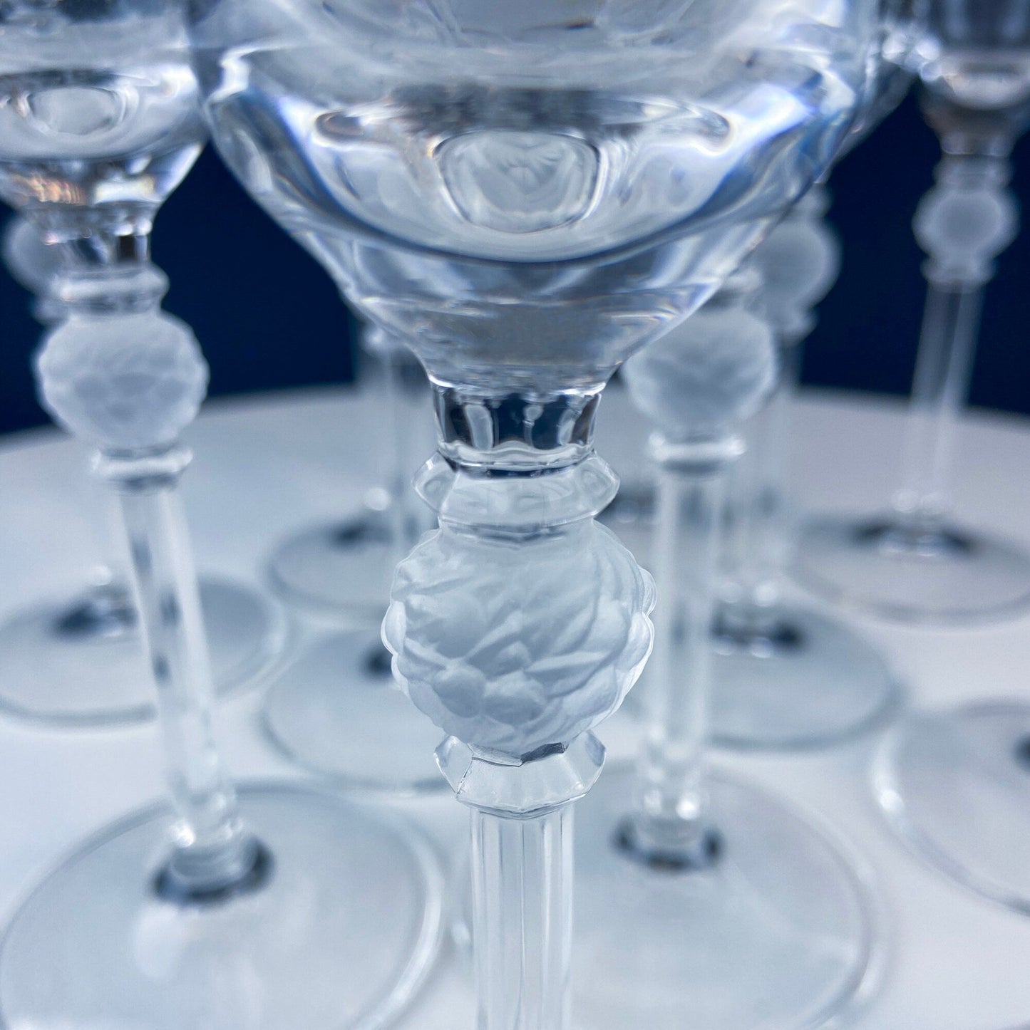 Crystal Wine Goblets with Ball Stem. Enchantress by Mikasa. Frosted Ball Shaped like Berries & Leaves. Set of 9. Stunning Ping.