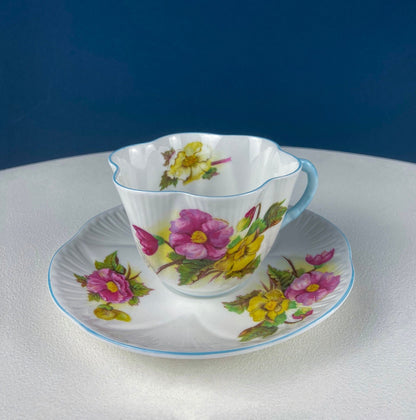 Antique Shelley Cup and Saucer with Begonia Motif . Beautiful, Fine Porcelain. Colorful Flowers and Blue Handle. French Country Living.
