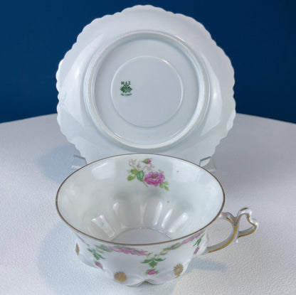 Very Light Weight Porcelain Cup and Saucer. M&K Austria. Delicate Rose Garlands and Scalloped Edges. Heart Shaped Handle. Gift for Her.