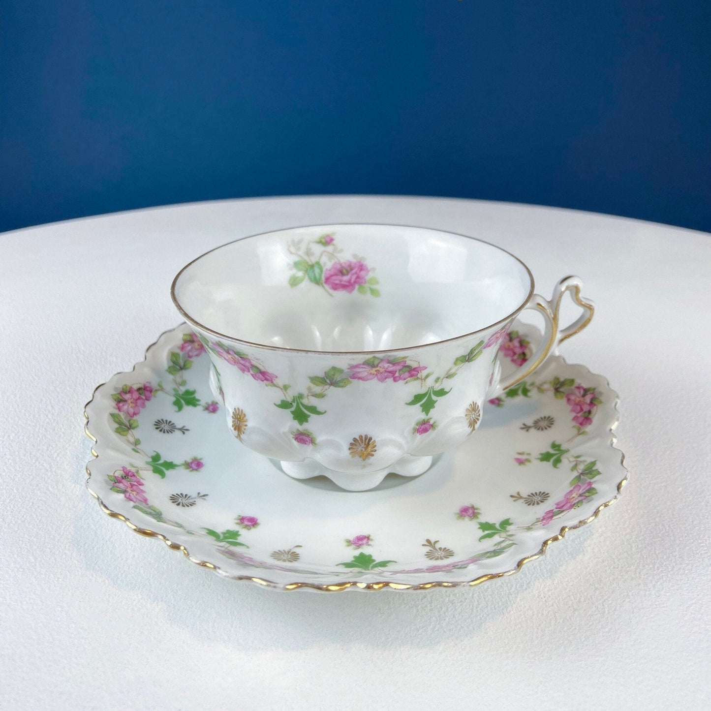 Very Light Weight Porcelain Cup and Saucer. M&K Austria. Delicate Rose Garlands and Scalloped Edges. Heart Shaped Handle. Gift for Her.