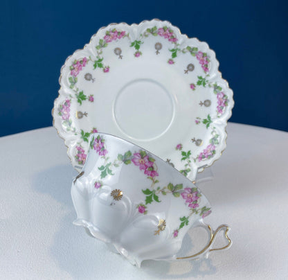 Very Light Weight Porcelain Cup and Saucer. M&K Austria. Delicate Rose Garlands and Scalloped Edges. Heart Shaped Handle. Gift for Her.