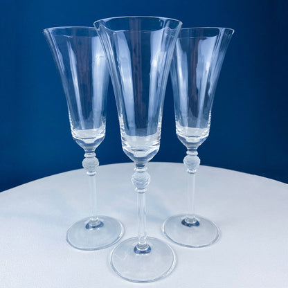 Crystal Champagne Glasses with Ball Stem. Enchantress by Mikasa. Frosted Ball Shaped like Berries & Leaves. Set of 11. Beautiful Ping.