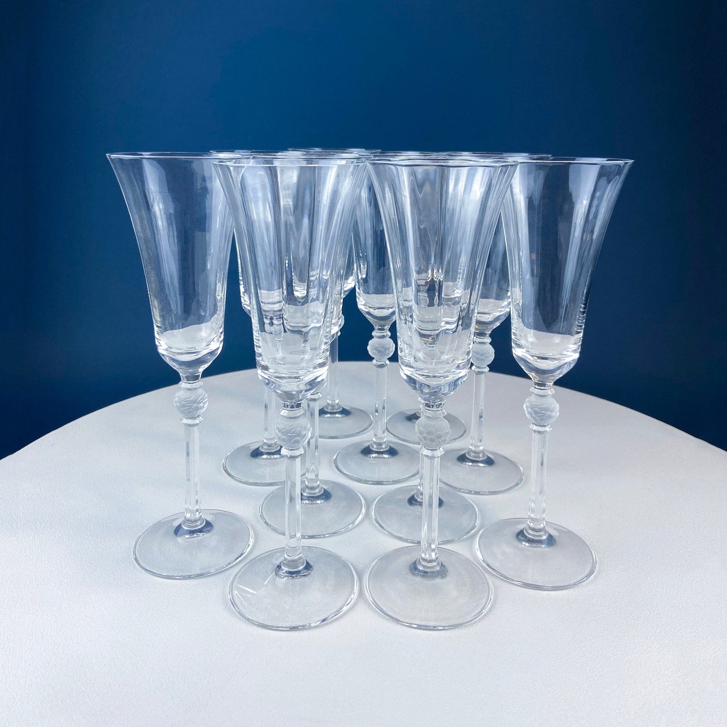 Crystal Champagne Glasses with Ball Stem. Enchantress by Mikasa. Frosted Ball Shaped like Berries & Leaves. Set of 11. Beautiful Ping.
