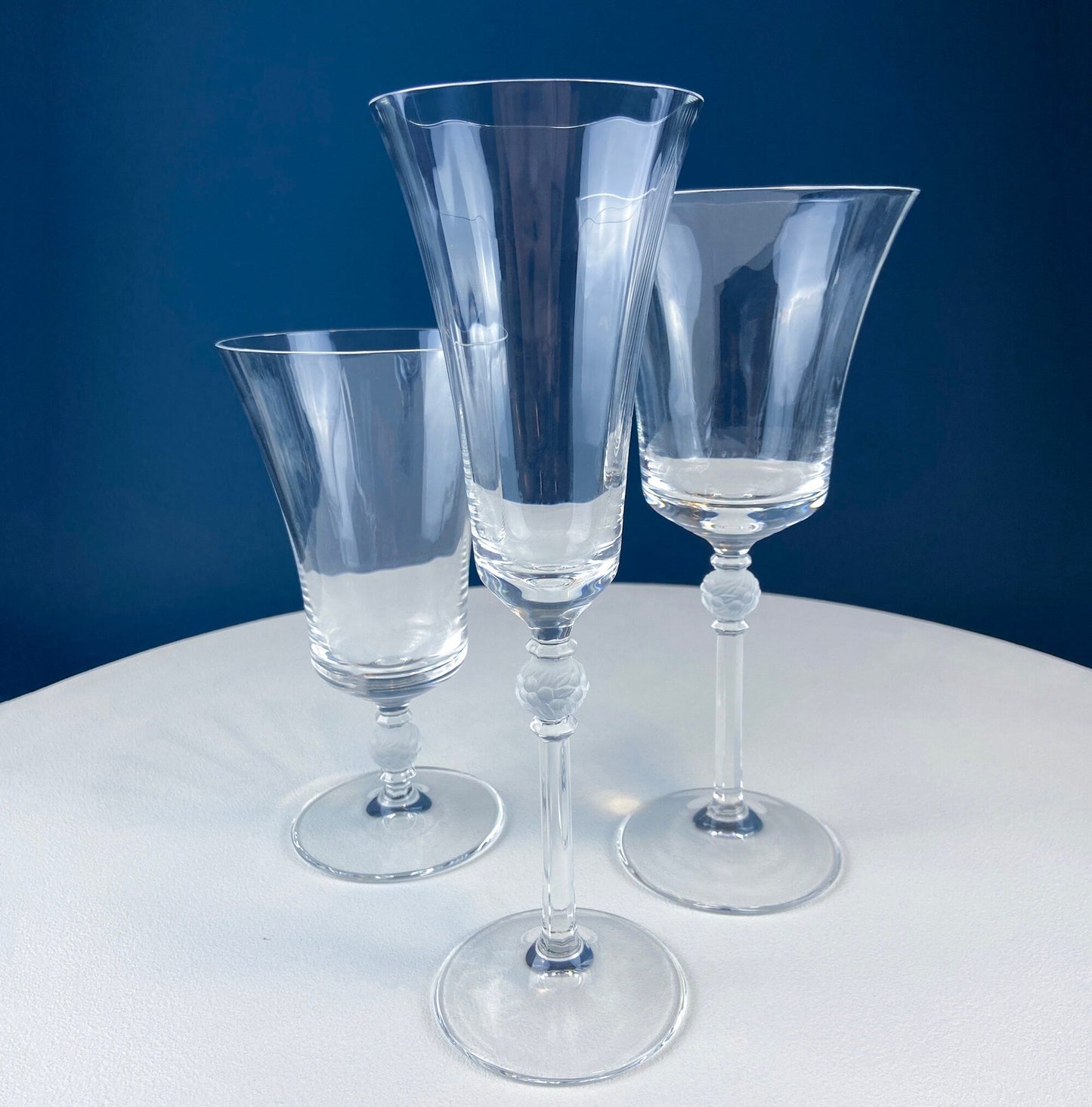 Laura by Rogaska Crystal Water/Iced Tea Goblets. Miller Rogaska Etched on each Glass. Frosted Flower Stem. Stunning Ping. Holiday Celeb.