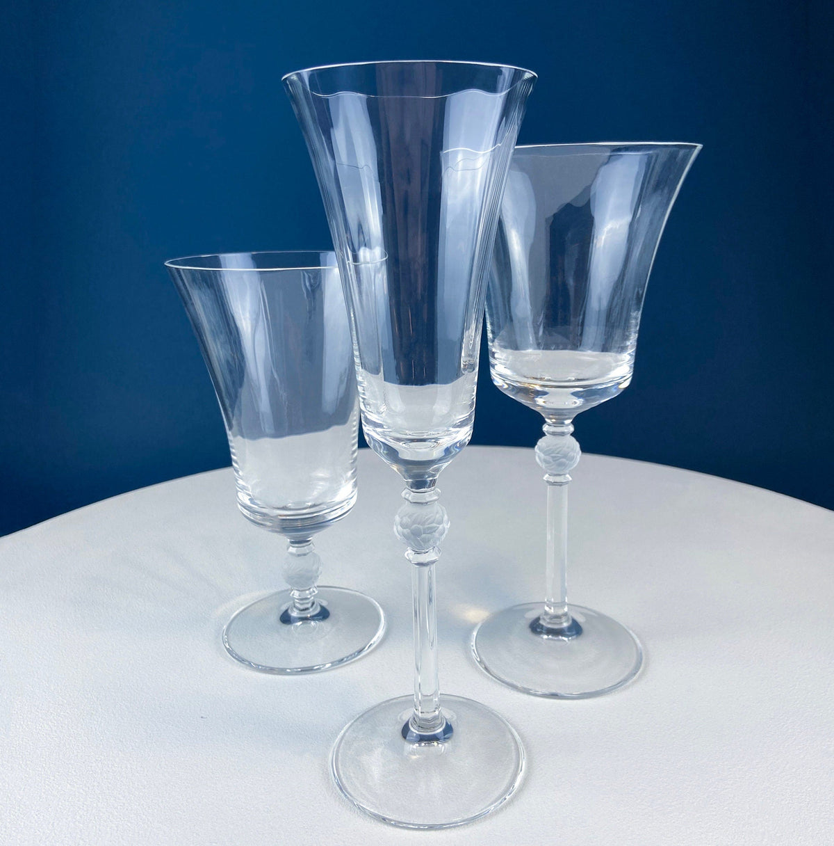 Crystal Champagne Glasses with Ball Stem. Enchantress by Mikasa. Frosted Ball Shaped like Berries & Leaves. Set of 11. Beautiful Ping.