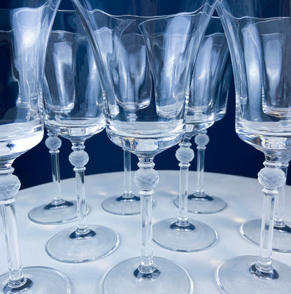 Crystal Wine Goblets with Ball Stem. Enchantress by Mikasa. Frosted Ball Shaped like Berries & Leaves. Set of 9. Stunning Ping.