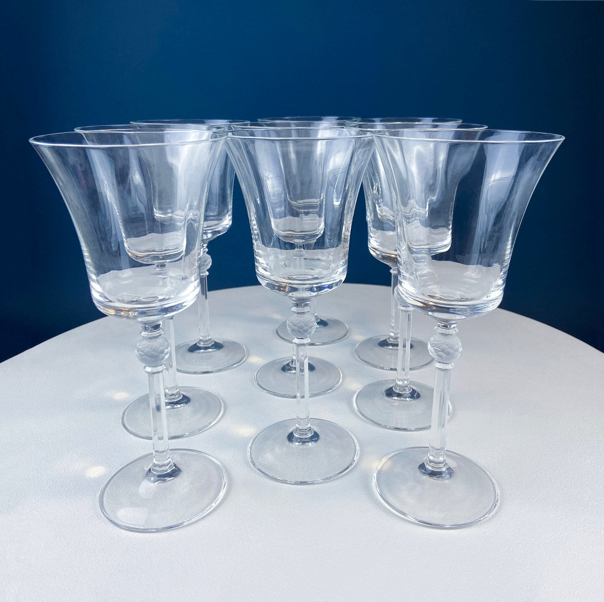 Crystal Wine Goblets with Ball Stem. Enchantress by Mikasa. Frosted Ball Shaped like Berries & Leaves. Set of 9. Stunning Ping.