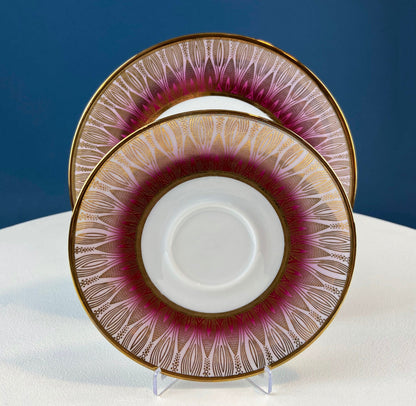 Antique Bavarian Porcelain Tea Trio. Winterling Roslaw. Cup, Saucer, and Dessert Plate in Gold and Pink. Modern Lotus Pattern.