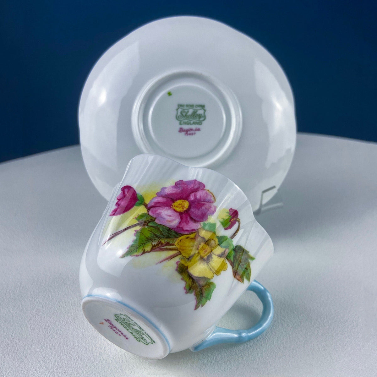 Antique Shelley Cup and Saucer with Begonia Motif . Beautiful, Fine Porcelain. Colorful Flowers and Blue Handle. French Country Living.