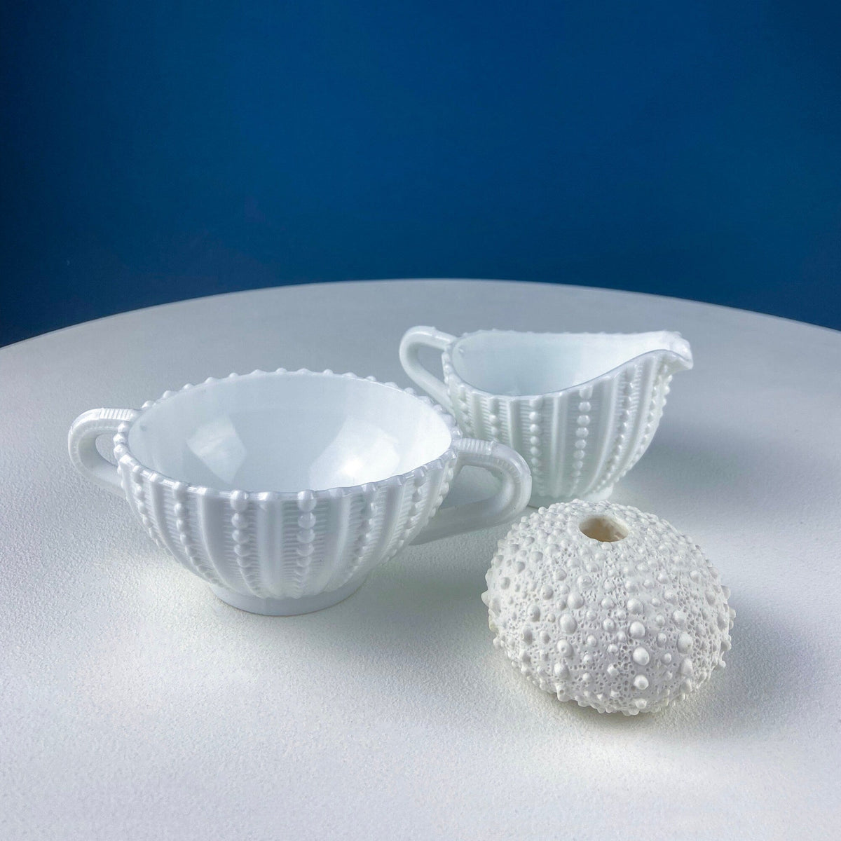Milk Glass Sea-Urchins Creamer and Sugar. Nautical Themed White Serving Dishes/Accessories. Set of Two. Vacation, Tropical, 2nd Home.