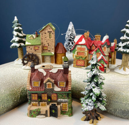 Set of 3 Tree Ornaments by Dept 56. Porcelain Hand Painted Bldgs.: Dedlock Arms, Santa's Workshop, and Dickens'Village Mill. Home or Retail.