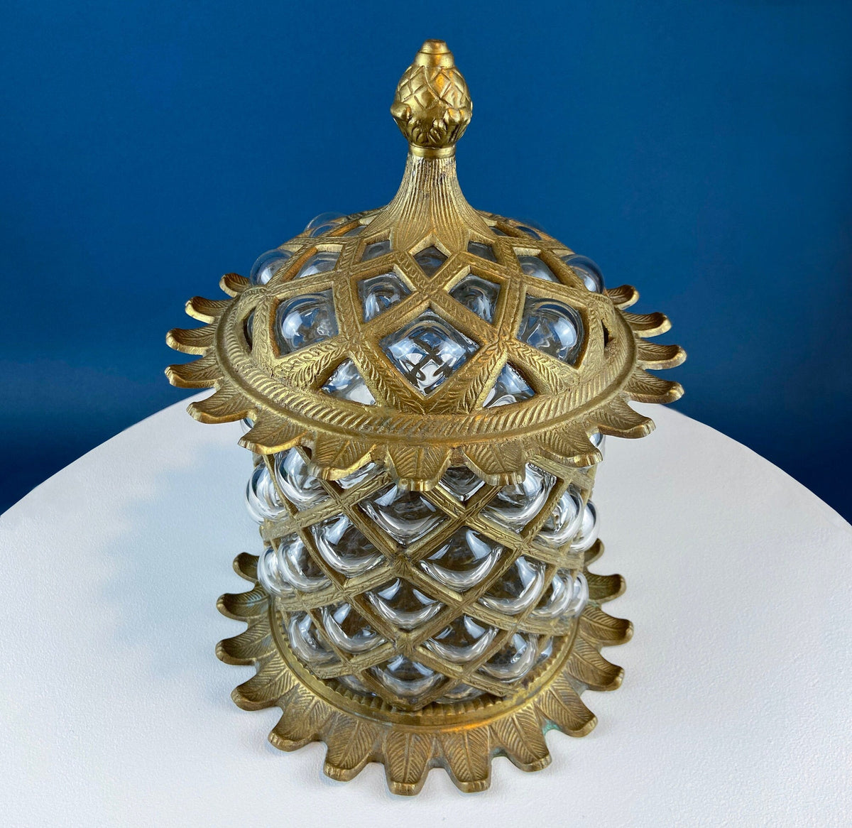 Vintage Hand Blown Bubble Glass Brass Urn Jar, Pineapple Design