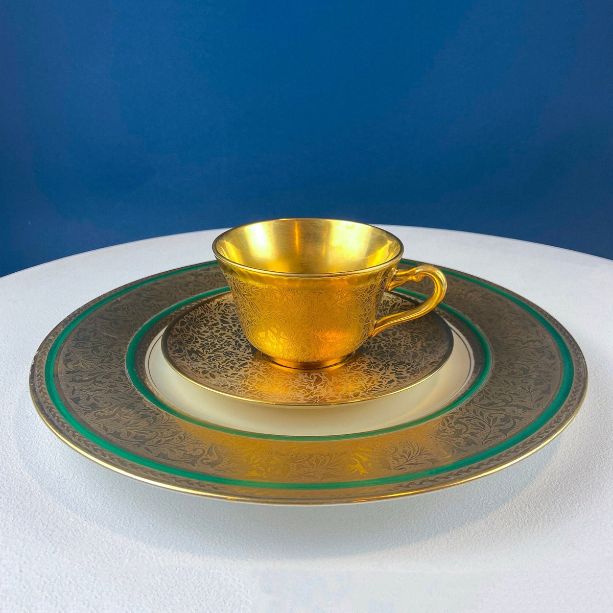 Gold on Gold Cup and Saucer by Wheeling, Germany, Paired with Stunning Gilded Hutschenreuther Serving Plate. Tea Set. Luxury Living.
