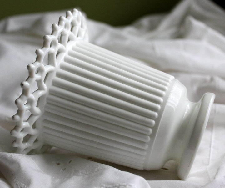 Vintage Atterbury Milk Glass Vase, Sailor Lace Rim, Ribbed Planter