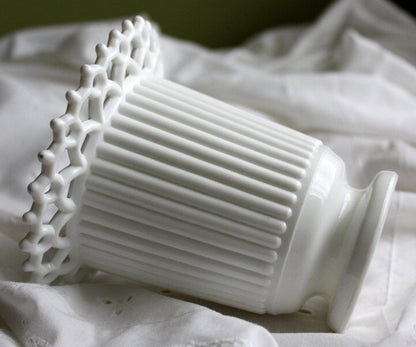 Vintage Atterbury Milk Glass Vase, Sailor Lace Rim, Ribbed Planter
