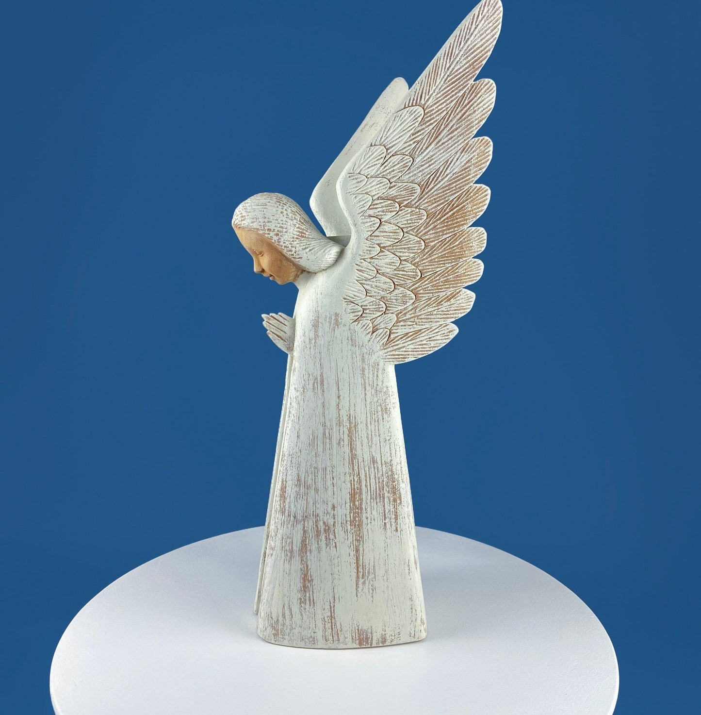 Wooden Hand Carved Angel Figurine. Large Limited Edition, #15, Angel Statue. Stunning Sculpute of Praying Angel. Candle Holder or Art.
