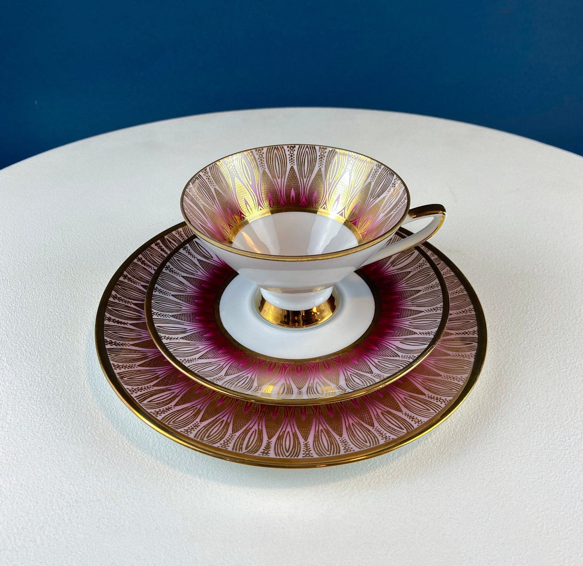 Antique Bavarian Porcelain Tea Trio. Z and Co, Tirschenreuther. Cup, Saucer, and Dessert Plate in Rich Gold and Blue. Modern Floral Pattern.