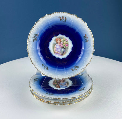6" Salad or Dessert Plates. Set of Four Antique Royal Bavarian, Hand Painted Cobalt Blue With Women Holding Flowers. Collectible Porcelain.