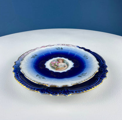 6" Salad or Dessert Plates. Set of Four Antique Royal Bavarian, Hand Painted Cobalt Blue With Women Holding Flowers. Collectible Porcelain.