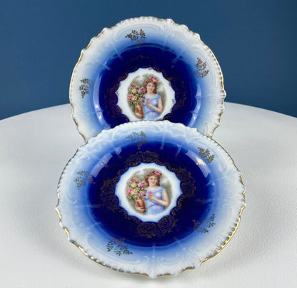 6" Salad or Dessert Plates. Set of Four Antique Royal Bavarian, Hand Painted Cobalt Blue With Women Holding Flowers. Collectible Porcelain.
