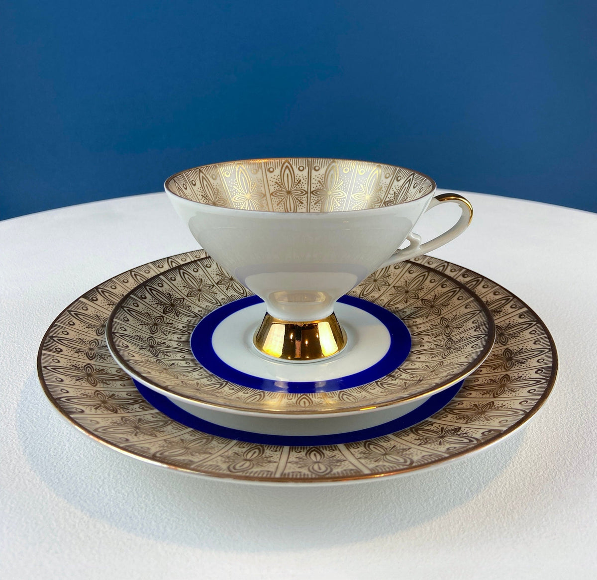 Vintage Paragon Cup and Saucer. Porcelain Tea Set. Lt Yellow with Dark Blue and Gold Bend. Rose Motif.  Excellent Gift Idea for Tea Lover.