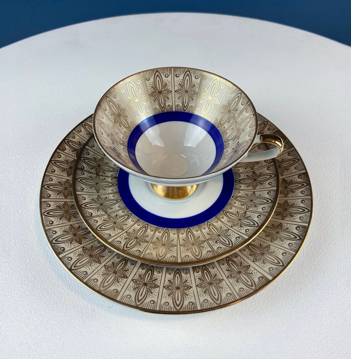 Vintage Paragon Cup and Saucer. Porcelain Tea Set. Lt Yellow with Dark Blue and Gold Bend. Rose Motif.  Excellent Gift Idea for Tea Lover.