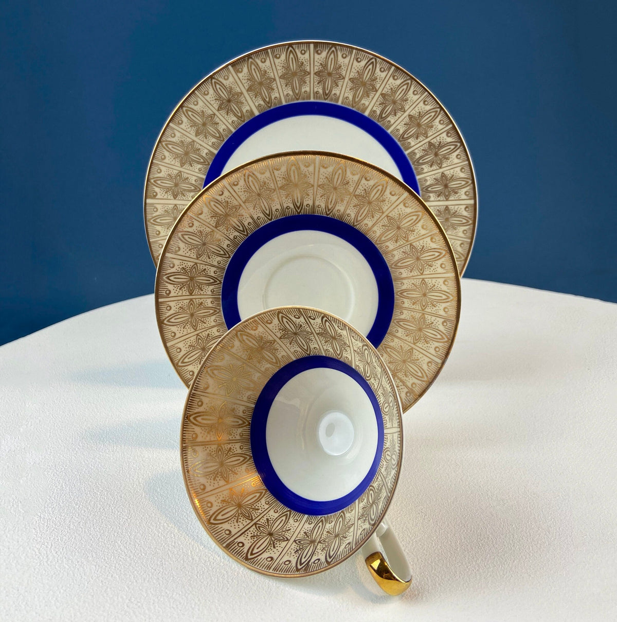 Vintage Paragon Cup and Saucer. Porcelain Tea Set. Lt Yellow with Dark Blue and Gold Bend. Rose Motif.  Excellent Gift Idea for Tea Lover.