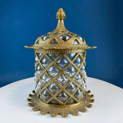 Vintage Hand Blown Bubble Glass Brass Urn Jar, Pineapple Design