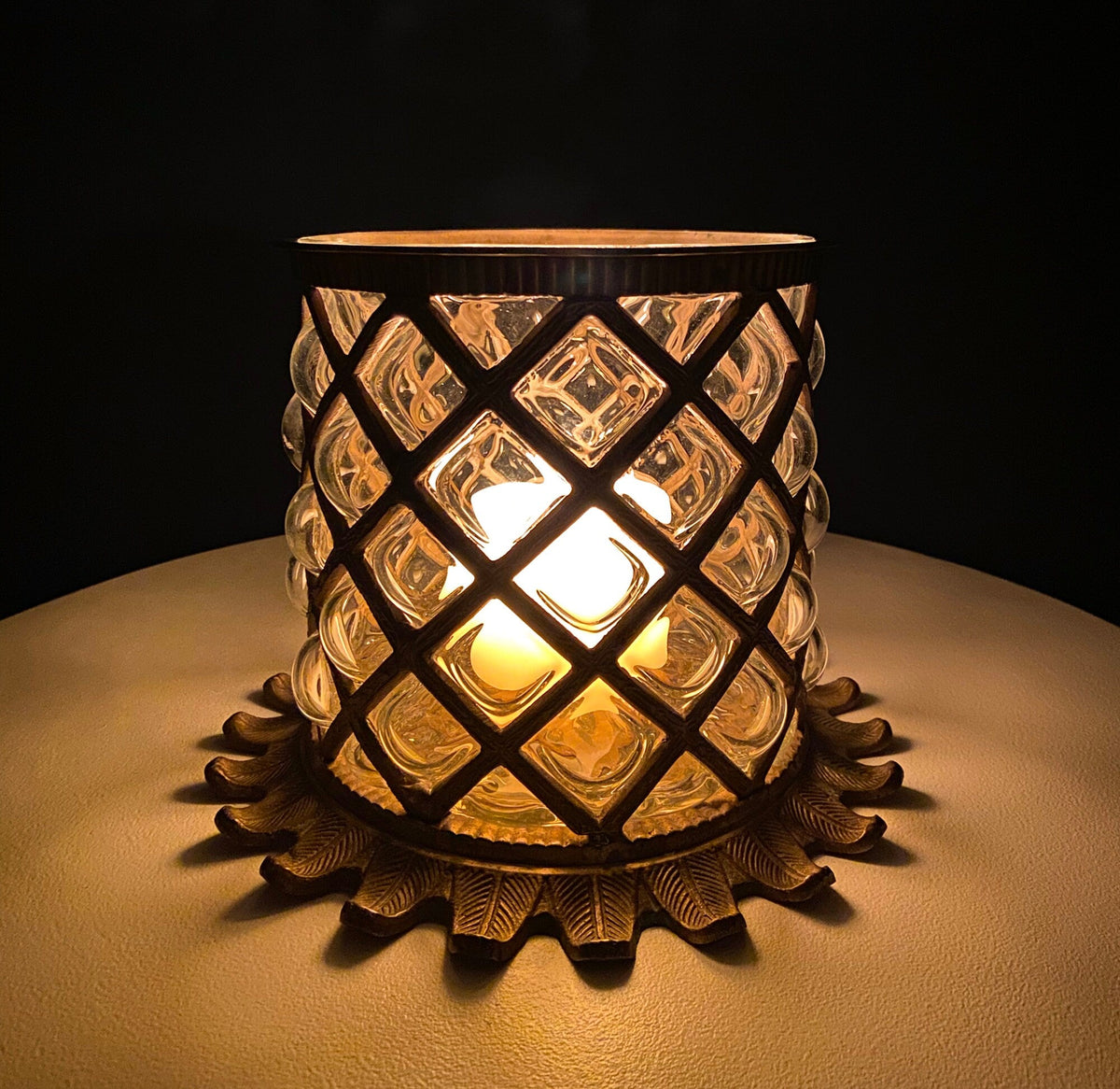 Vintage Hand Blown Bubble Glass Brass Urn Jar, Pineapple Design