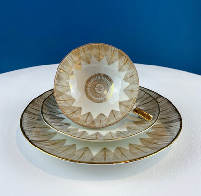 Vintage Bavarian Porcelain Tea Trio: Gold Modern Motif Collectible Set
