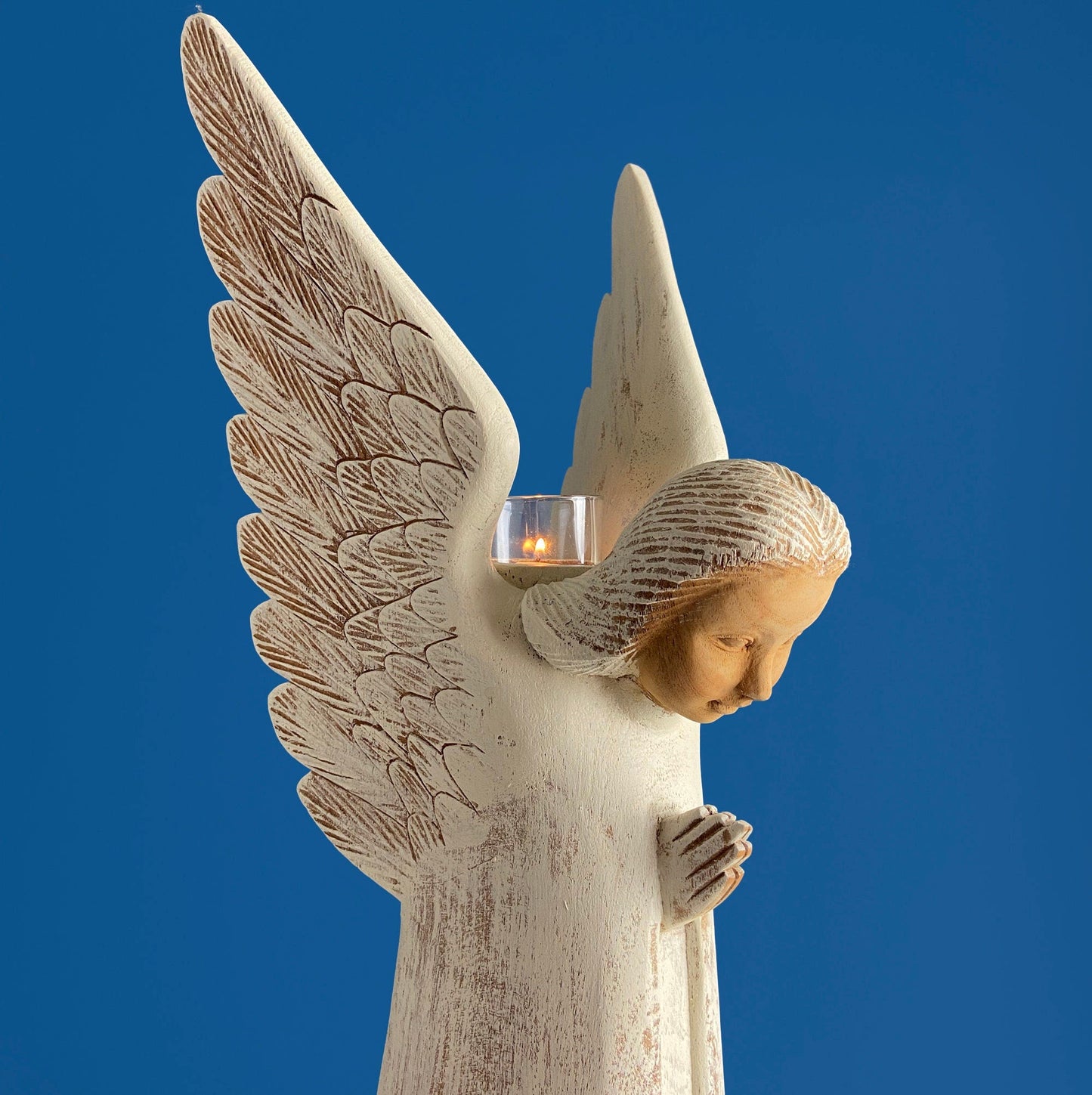 Wooden Hand Carved Angel Figurine. Large Limited Edition, #15, Angel Statue. Stunning Sculpute of Praying Angel. Candle Holder or Art.