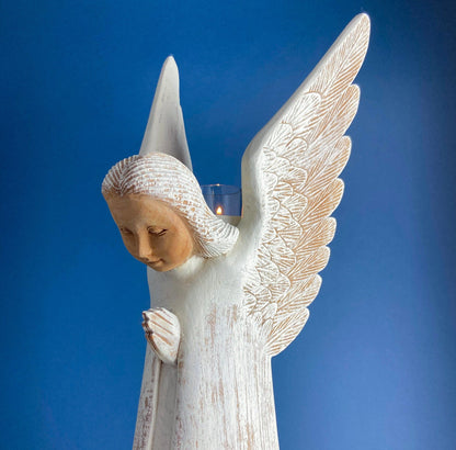 Wooden Hand Carved Angel Figurine. Large Limited Edition, #15, Angel Statue. Stunning Sculpute of Praying Angel. Candle Holder or Art.