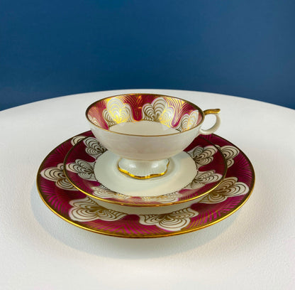 Antique Elgenbein Bavarian Porcelain Cup, Saucer, and Plate, Gold Floral