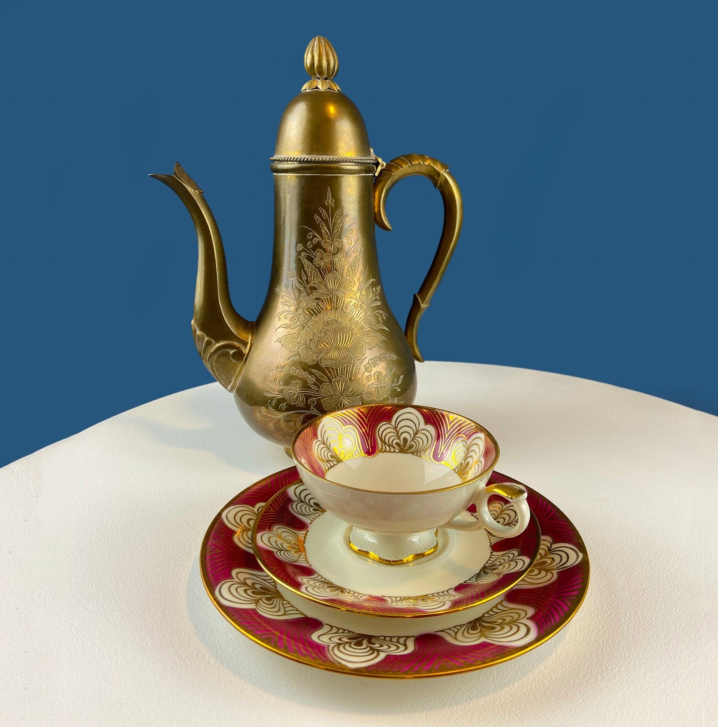 Antique Elgenbein Bavarian Porcelain Cup, Saucer, and Plate, Gold Floral