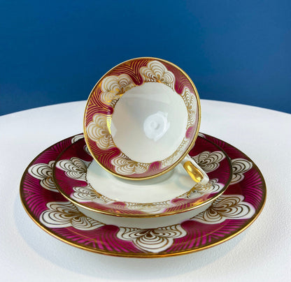 Antique Elgenbein Bavarian Porcelain Cup, Saucer, and Plate, Gold Floral
