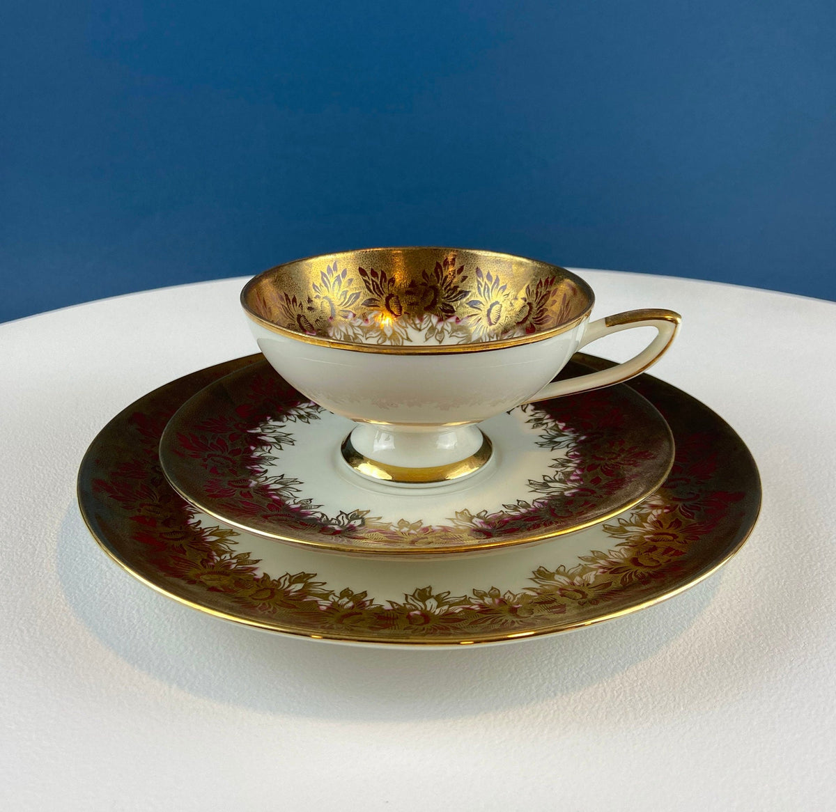 Antique Elgenbein Bavarian Porcelain Cup, Saucer, and Plate, Gold Floral