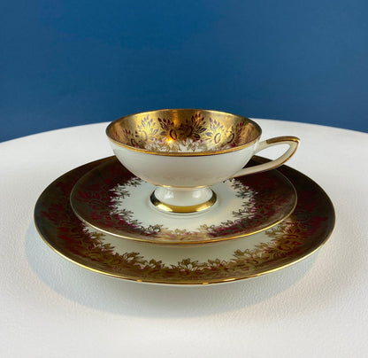 Antique Elgenbein Bavarian Porcelain Cup, Saucer, and Plate, Gold Floral
