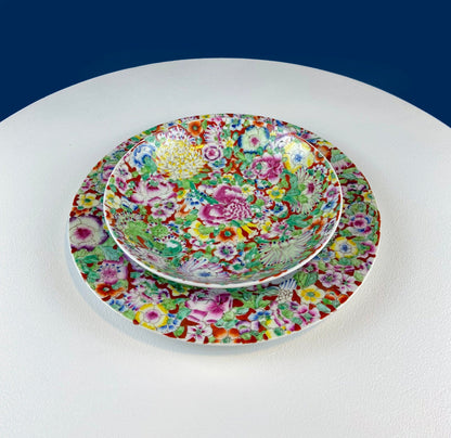 Hand-Painted Floral Porcelain Plate and Bowl Set, Japanese A.C.F.