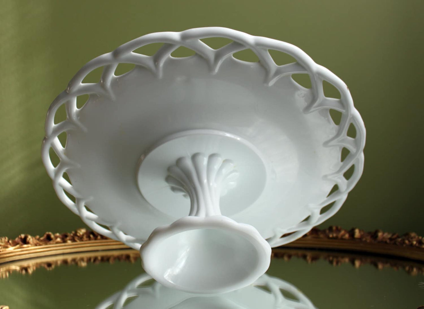 Westmoreland Milk Glass Pedestal Fruit Bowl. Doric Pattern with Lace Edge. 10" in Diameter.  Table Centerpiece.