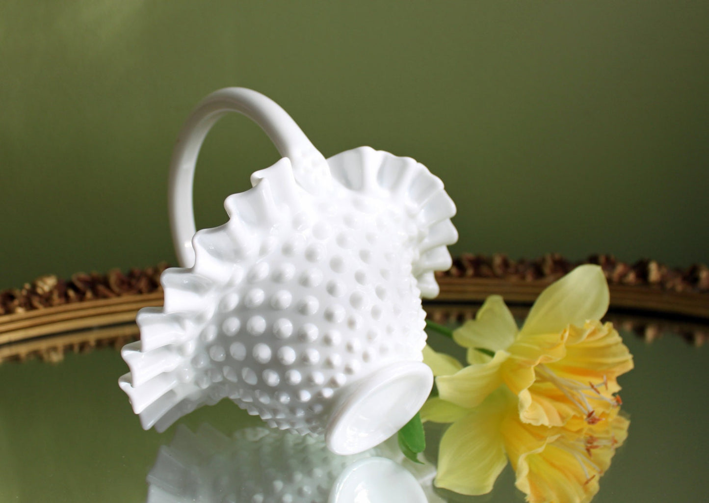 Fenton Crystal Basket. Milk Glass Hobnail Pattern Basket with Ruffled Rim.  Colectible Home  or Wedding Milk Glass.