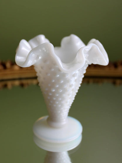Fenton Milk Glass Vase, Hobnail, Ruffled Rim, Scalloped Edge