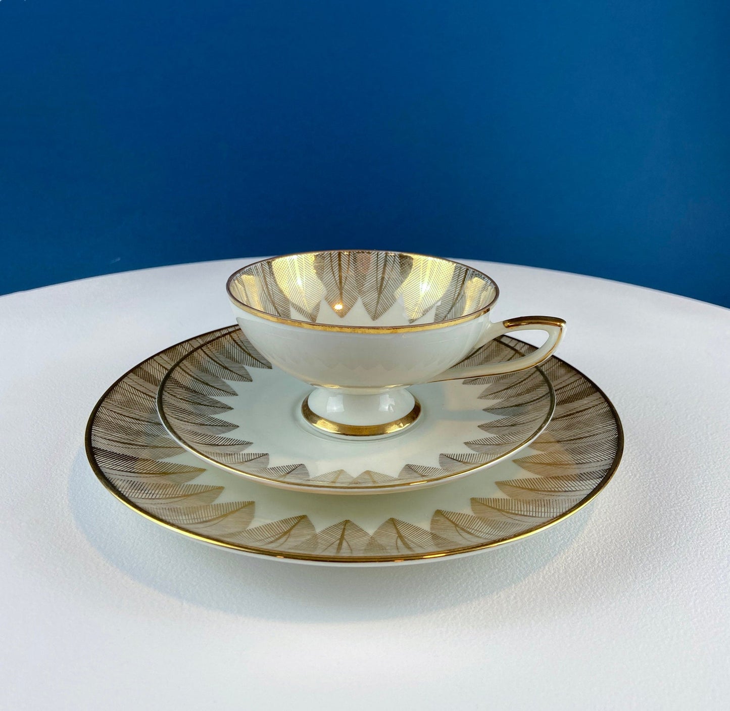 Vintage Bavarian Porcelain Tea Trio: Gold Modern Motif Collectible Set