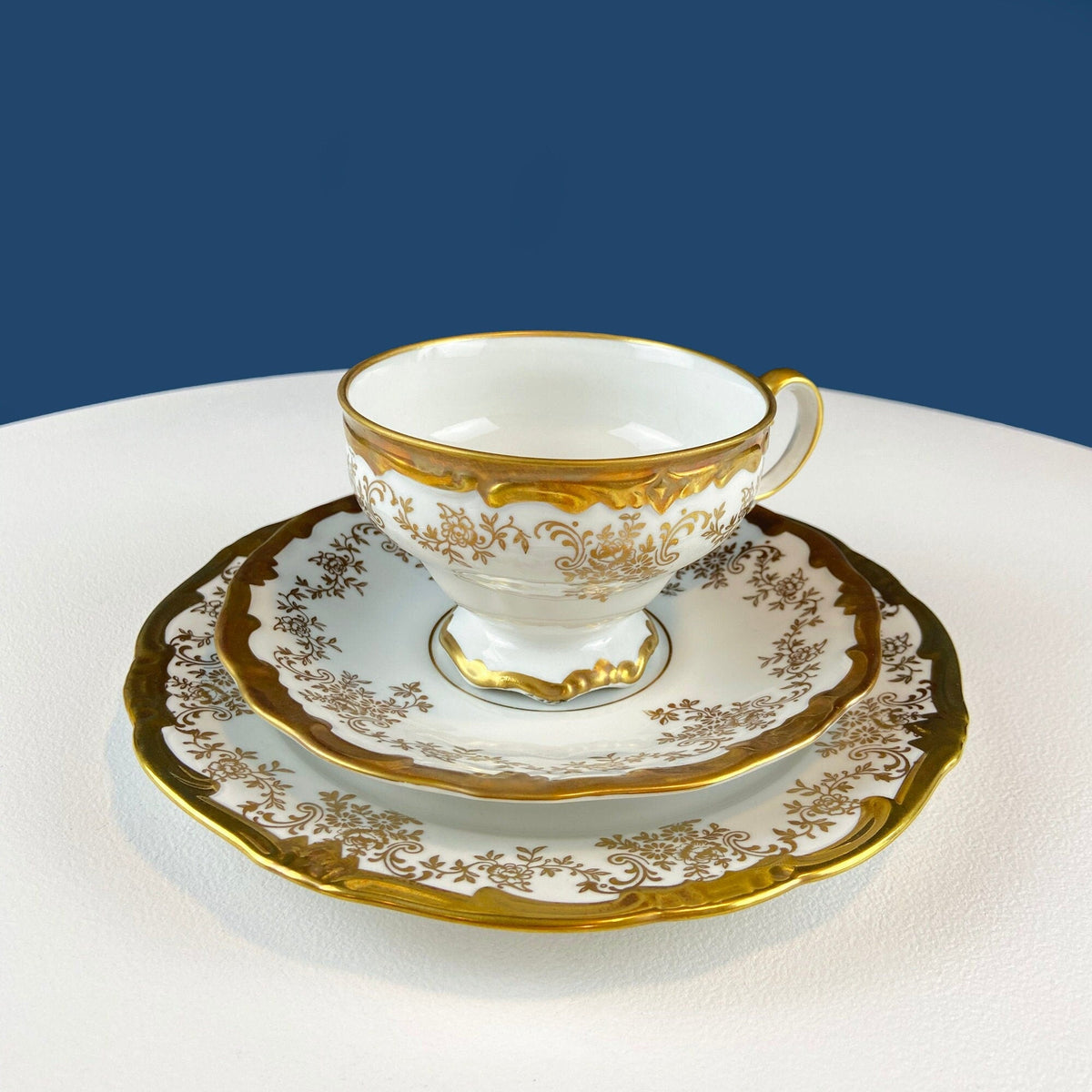 Stunning Antique White and Gold Tea Set Trio. Weimar Porcelain, Katharina Pattern. Hand Painted Floral Gold Trim. Dining Room Decor.