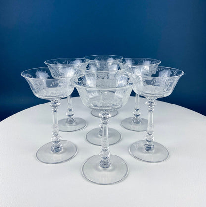 Heisey Sweet Wine, Liquor Glasses. Set of 6 Orchid Pattern Etched Crystal Sherbets. Home Gift. Dining Room Decor. Collectible Glassware.